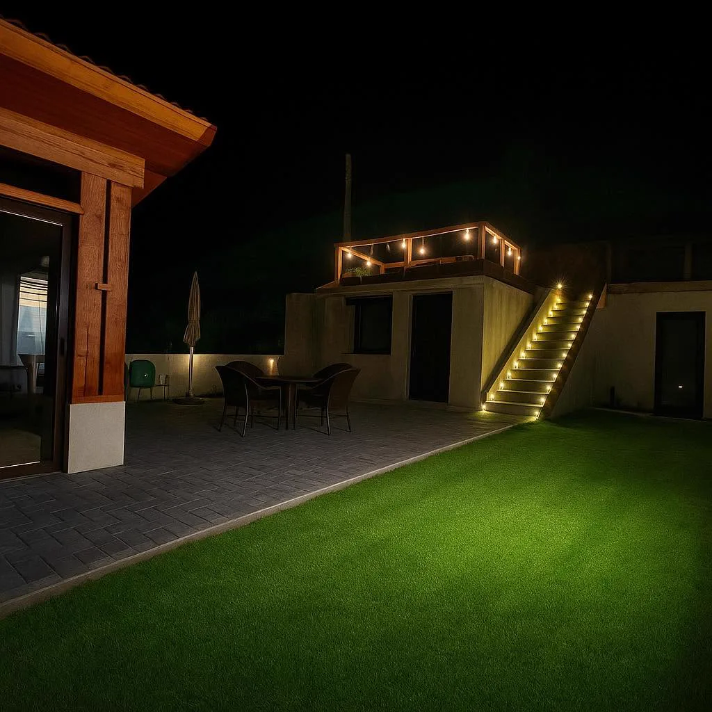 Night exterior — garden with fairy lights and gazebo