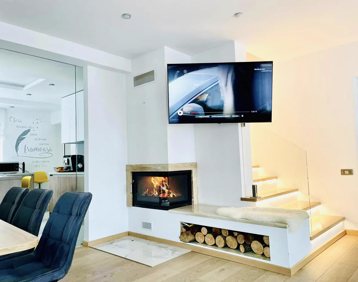 Living room with fireplace and Smart TV